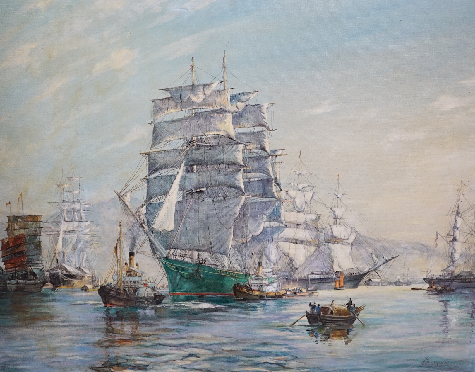 Thompson after Montague Dawson (1890-1973), maritime oil on canvas board, Kowloon, signed, 60 x 75cm, gilt framed. Condition